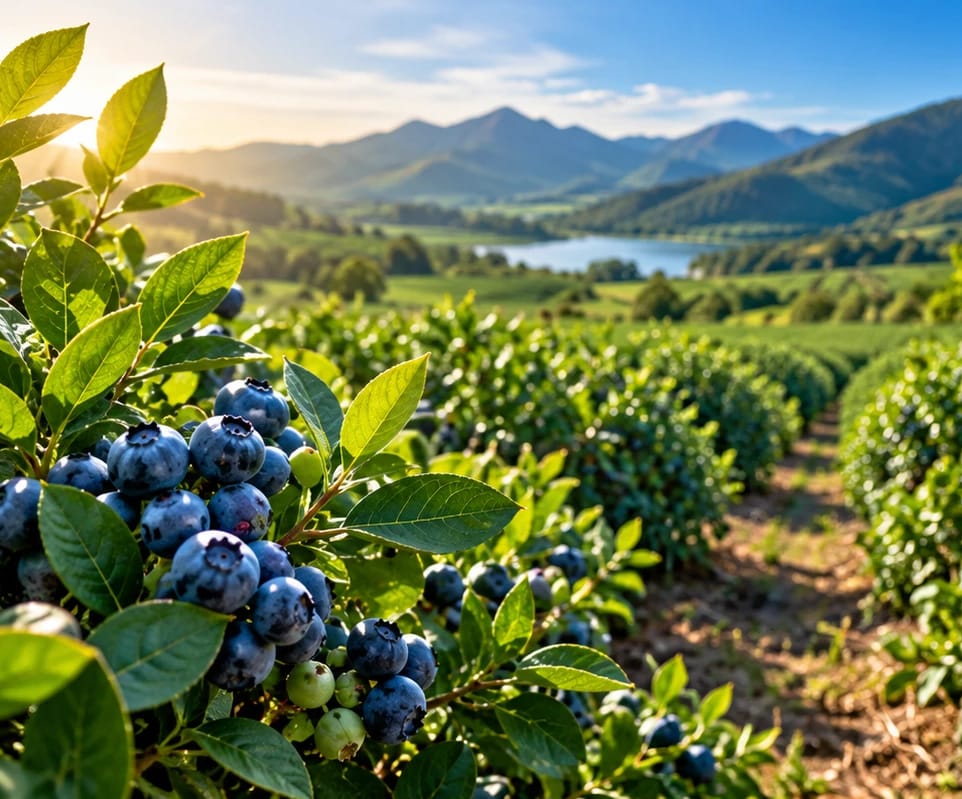 Blueberry orchard above a valley at sunrise