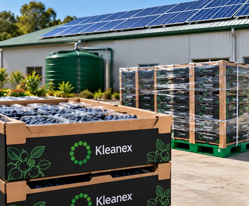 Solar panels and rainwater storage at the pack house